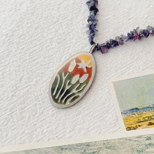 Rare Silver and Amethyst Necklace Handmade Abstract Floral Pendant